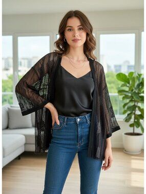 Yon Sheer Black Lace Shrug 3/4 Sleeves Lightweight Elegant One Size Whimsigoth